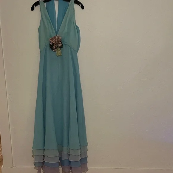 Aqua V-Neck Maxi Dress with Floral Waist Accent - Picture 1 of 11